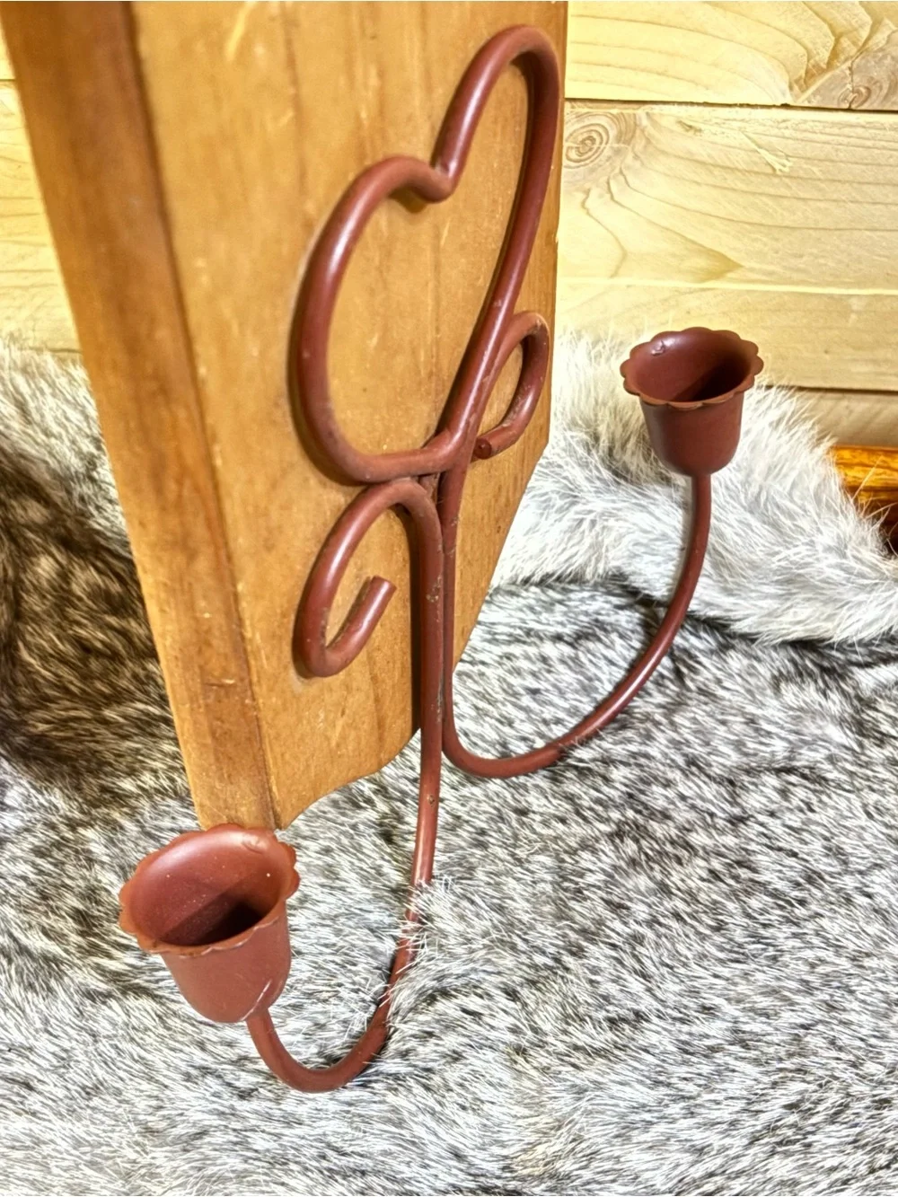 Vintage and Rustic Heart Wall Sconce - Red Metal on Wood